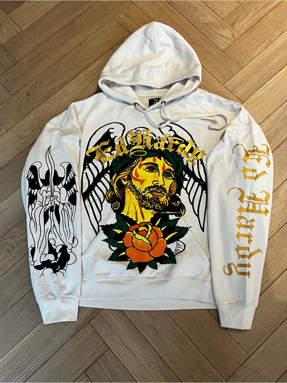 Ed Hardy White Hoodie with Black, Yellow, Green & Orange Graphic